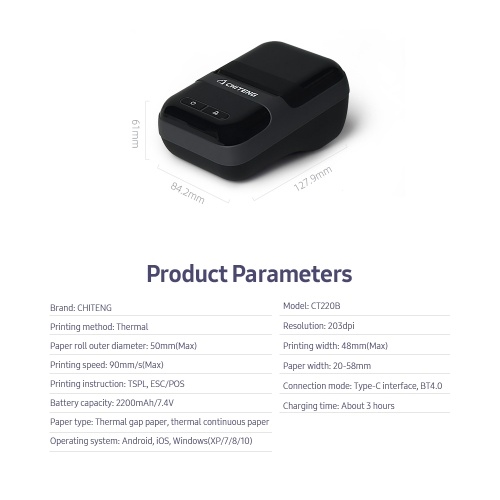 CHITENG CT220B Portable Thermal Printer Wireless BT Mobile Phone Label Printer High Speed Printing Support BT/USB Connection EU Plug
CHITENG CT220B Portable Thermal Printer Wireless BT Mobile Phone Label Printer High Speed Printing Support BT/USB Connection EU Plug
