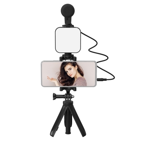 

Smartphone Vlogging Kit Tripod Phone Holder + Microphone + Video Light + Clip + 3.5mm TRS to TRRS Audio Cable Built-in rechargeable lithium battery