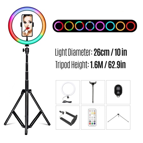 

26cm/10inch RGB Ring Light LED Fill Light Dimmable USB Powered with Desktop Tripod Metal Light Stand Dual Phone Holders Remote Shutter Remote Control for Live Streaming Online Video Selfie Makeup Vlog Product Photography