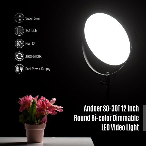 Andoer SO-30T Ultrathin Bi-color Round LED Video Light 3200K-5600K Photography Fill Light Stepless Diammable LCD Display Screen CRI 97+ Power 30W for Portrait Wedding Still Life Photography Video Live
Andoer SO-30T Ultrathin Bi-color Round LED Video Light 3200K-5600K Photography Fill Light Stepless Diammable LCD Display Screen CRI 97+ Power 30W for Portrait Wedding Still Life Photography Video Live