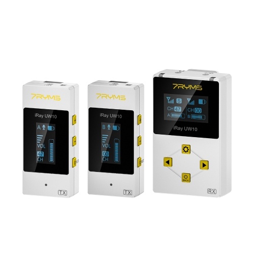 7RYMS iRay UW10(A) 1-Trigger-2 Mini UHF Wireless Microphone System with 1 Receiver + 2 Transmitters + 2 Lavalier Microphones Max. 50M Transmission Range Built-in Battery for Smartphone Camera Camcorder Vlog Live Streaming Interview Video Recording
7RYMS iRay UW10(A) 1-Trigger-2 Mini UHF Wireless Microphone System with 1 Receiver + 2 Transmitters + 2 Lavalier Microphones Max. 50M Transmission Range Built-in Battery for Smartphone Camera Camcorder Vlog Live Streaming Interview Video Recording