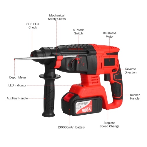 21V Brushless Cordless Rotary Hammer Drill 1 Inch SDS Plus Variable Speed Impact Hammer Kit 20000mAh Battery 4 Functions Variable-Speed Adjustable Handle with Storage Case
21V Brushless Cordless Rotary Hammer Drill 1 Inch SDS Plus Variable Speed Impact Hammer Kit 20000mAh Battery 4 Functions Variable-Speed Adjustable Handle with Storage Case