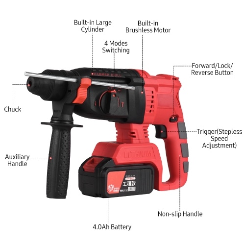 

21V Cordless Brushless Rotary Hammer Drill with Carry Box 3 in 1 Hammer Drill Electric Breaker Power Drill with Adjustable Auxiliary Handle Depth Gauge 4.0Ah Battery Fast Charger 980RPM Variable Speed Demolition Kit