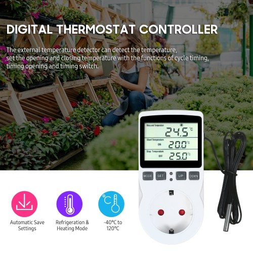 

Digital Thermostat Controller LCD Thermostat Outlet Plug Heating Cooling Control for Terrarium Aquarium Reptiles Temperature Controlled Outlet Socket with Timer and Probe for Greenhouse Seed Germination Incubator Reptile Terrarium Refrigerator