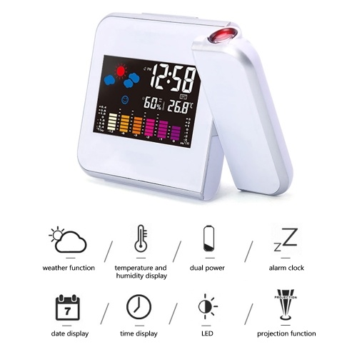 

Alarm Clock With Weather Station Thermometer Calendar Date Display 7Colors changing Snooze LED Projection Digital Clock