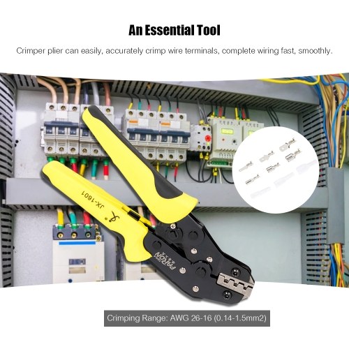 Crimping Tool Kit Includes 26-16 AWG Ratcheting Wire Crimper Plier 280pcs Male Female Wire Spade Connectors 140pcs Insulation Sleeves 40pcs Cable Ties
Crimping Tool Kit Includes 26-16 AWG Ratcheting Wire Crimper Plier 280pcs Male Female Wire Spade Connectors 140pcs Insulation Sleeves 40pcs Cable Ties