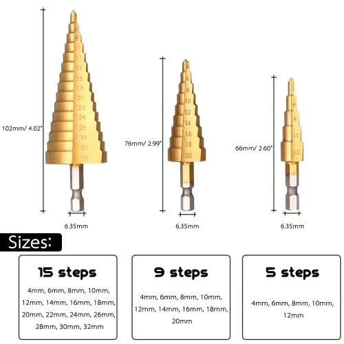 3pcs HSS Titanium Coated Straight Flute Step Drill Bits Pagoda Drill Bit Set 4-12/20/32mm Hole Cutter 3pcs HSS Titanium Coated Straight Flute Step Drill Bits Pagoda Drill Bit Set 4-12/20/32mm Hole Cutter