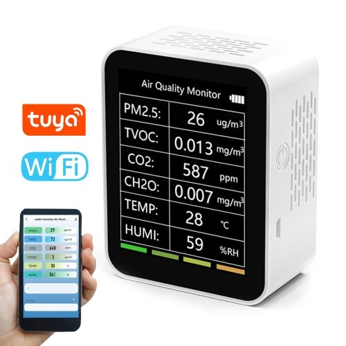 Tuya WiFi Портативный домашний офис Настольный детектор качества воздуха в помещении Многофункциональный детектор 6 в 1 PM2.5 TVOC CO2 CH2O Определение температуры и влажности Интеллектуальная связь Приложение для мобильного телефона Пульты просмотра
Tuya WiFi Портативный домашний офис Настольный детектор качества воздуха в помещении Многофункциональный детектор 6 в 1 PM2.5 TVOC CO2 CH2O Определение температуры и влажности Интеллектуальная связь Приложение для мобильного телефона Пульты просмотра