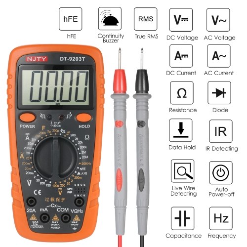 NJTY DT-9203T 20000 Counts Multimeter True RMS 2.6-inch LCD Digital Universal Meter Multipurpose for Measuring AC/DC Current AC/DC Voltage Resistance Capacitance Frequency Diodes and Continuity
NJTY DT-9203T 20000 Counts Multimeter True RMS 2.6-inch LCD Digital Universal Meter Multipurpose for Measuring AC/DC Current AC/DC Voltage Resistance Capacitance Frequency Diodes and Continuity