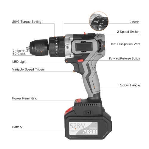 Cordless Drill Driver 21V 6.0A Battery Max Torque 200N.m 1/2 Inch Metal Keyless Chuck 20+3 Position 0-1550RMP Variable Speed Impact Hammer Drill Screwdriver With Plastic Tool Box
Cordless Drill Driver 21V 6.0A Battery Max Torque 200N.m 1/2 Inch Metal Keyless Chuck 20+3 Position 0-1550RMP Variable Speed Impact Hammer Drill Screwdriver With Plastic Tool Box