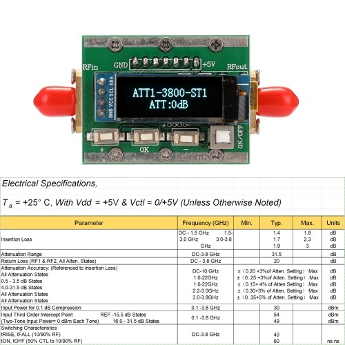 1MHz-3800MHz Radio Frequency Digital Programmable Attenuator 0-31dB Adjustable Step 1dB PC Controllable CNC Shell
1MHz-3800MHz Radio Frequency Digital Programmable Attenuator 0-31dB Adjustable Step 1dB PC Controllable CNC Shell