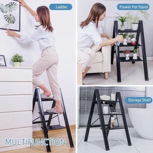 

3 Step Folding Step Stool with Anti-slip Wide Pedal 330lbs Aluminum Alloy Multifunction Step Ladder Storage Shelf Flower Pot Stand