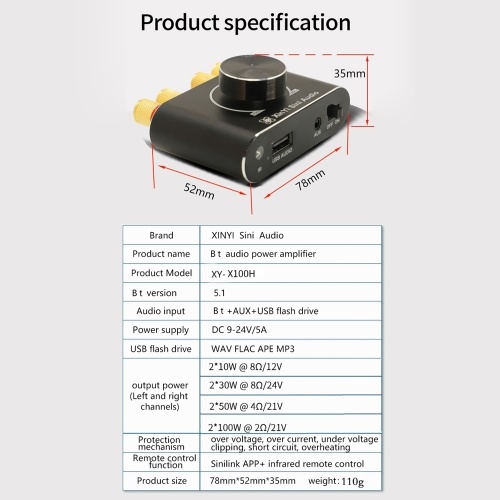 100W+100W BT 5.1 Wireless Audio Power Amplifier Portable Sound Amplifier Speaker Amp for Car and Home
100W+100W BT 5.1 Wireless Audio Power Amplifier Portable Sound Amplifier Speaker Amp for Car and Home