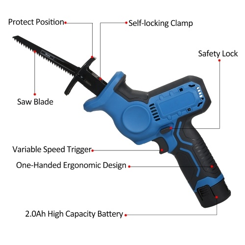 12V Cordless Reciprocating Saw with Support frame , 2PCS 2.0Ah Li-Ion Battery with Charger, Variable Speed and Tool-Free Blade Change, 6 Saw Blades for Wood & Metal Cutting
12V Cordless Reciprocating Saw with Support frame , 2PCS 2.0Ah Li-Ion Battery with Charger, Variable Speed and Tool-Free Blade Change, 6 Saw Blades for Wood & Metal Cutting