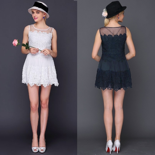 New Fashion Women Lace Dress Crochet Patchwork Mesh Round Neck Sleeveless Sweet Slim Mini Dress White/Dark Blue
New Fashion Women Lace Dress Crochet Patchwork Mesh Round Neck Sleeveless Sweet Slim Mini Dress White/Dark Blue