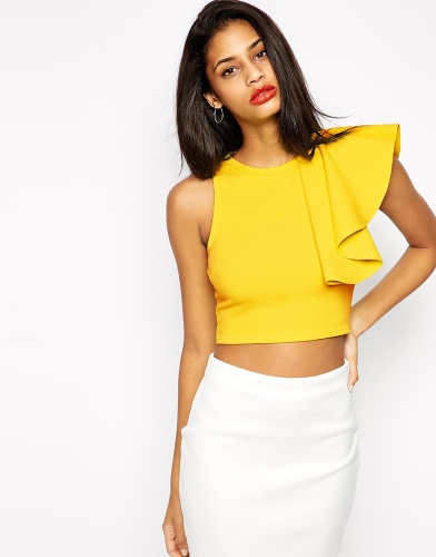 Chic One Shoulder Ruffle Round Neck Sleeveless Fitness Crop Top