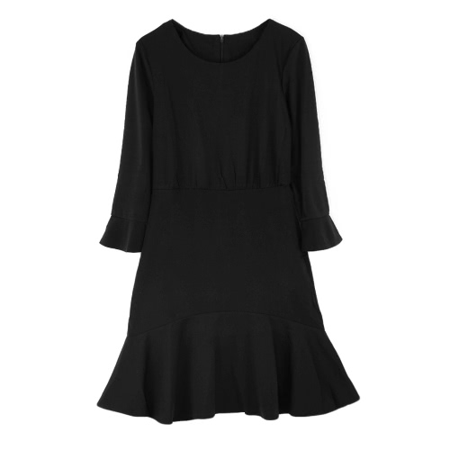 Fashion Round Neck 3/4 Sleeve Back Zipper Solid Mini Flare Skater Dress
