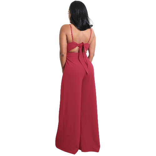 Women Wide Leg Jumpsuit Deep V Neck Tied Bow Open Back High Waist Casual Playsuit Rompers Women Wide Leg Jumpsuit Deep V Neck Tied Bow Open Back High Waist Casual Playsuit Rompers