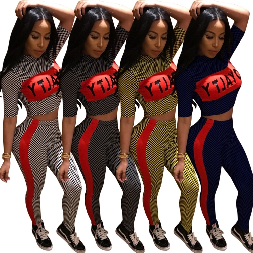 Women Tracksuit Plaid Letter Print Crop Top Short Sleeve Striped Pants Slim Two Piece Set Fitness Suits Women Tracksuit Plaid Letter Print Crop Top Short Sleeve Striped Pants Slim Two Piece Set Fitness Suits