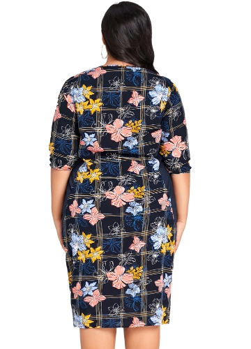 Fashion Women Plus Size Floral Print Midi Dress Half Sleeve O Neck Casual Knee Length Oversized Dress Dark Blue Fashion Women Plus Size Floral Print Midi Dress Half Sleeve O Neck Casual Knee Length Oversized Dress Dark Blue