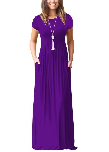 Women Maxi Long Dress Short Sleeves O-Neck Pockets Party Evening A-Line Dresses