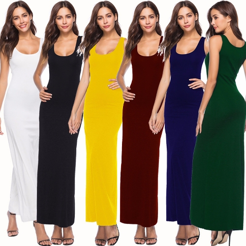 Summer Women Long Maxi Dress Scoop Neck Solid Color Beach Casual Sleeveless Dress Summer Women Long Maxi Dress Scoop Neck Solid Color Beach Casual Sleeveless Dress