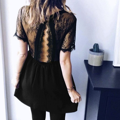 Sexy Women Lace Splice Dress Short Sleeves Backless O-Neck Zip Party Club Mini Dresses Black
Sexy Women Lace Splice Dress Short Sleeves Backless O-Neck Zip Party Club Mini Dresses Black