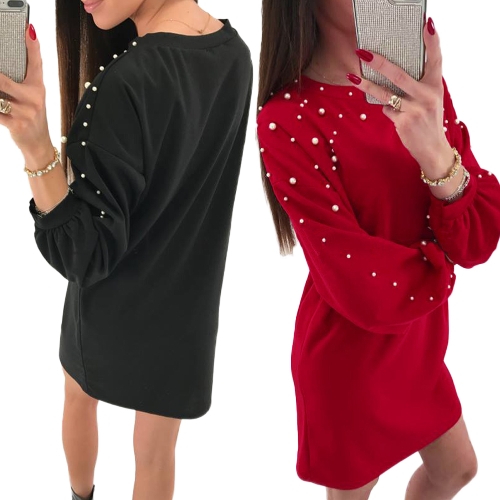 Women Long Sleeves Dress Pearl Beaded Dropped Shoulder Lantern Cuff Loose Casual Tunic Shift Dress Women Long Sleeves Dress Pearl Beaded Dropped Shoulder Lantern Cuff Loose Casual Tunic Shift Dress