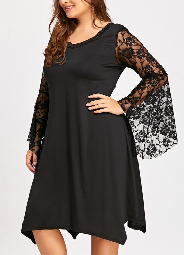 Elegant Women Lace Dress Flare Sleeve O-Neck Asymmetric Sexy Loose Plus Size Party Dress Black Elegant Women Lace Dress Flare Sleeve O-Neck Asymmetric Sexy Loose Plus Size Party Dress Black