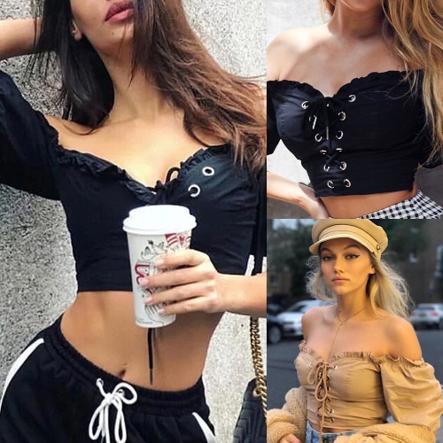 New Sexy Women Crop Top Off Shoulder Lace-Up Bandage Ruffle Slim Short T-shirt Tees Shirt Khaki/Black New Sexy Women Crop Top Off Shoulder Lace-Up Bandage Ruffle Slim Short T-shirt Tees Shirt Khaki/Black