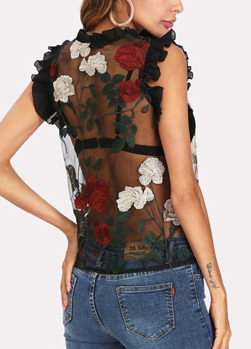 Women Sheer Mesh Blouse Floral Embroidery Ruffles Sleeveless O-Neck Sexy Top Pullover Black Women Sheer Mesh Blouse Floral Embroidery Ruffles Sleeveless O-Neck Sexy Top Pullover Black