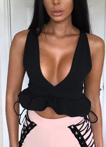 Deep V Neck Backless Ruffles Sleeveless Short Vest Top