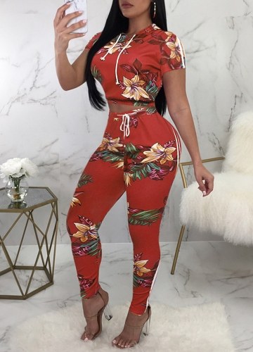 Women Two Piece Set Hooded Crop Top Pants Side Stripes Drawstring Suit