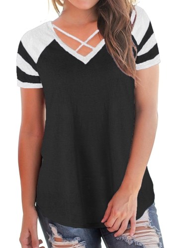 Colorblock Criss Cross Strap V Шея с короткими рукавами Контрастные полоски Длинные повседневные топы
Colorblock Criss Cross Strap V Шея с короткими рукавами Контрастные полоски Длинные повседневные топы