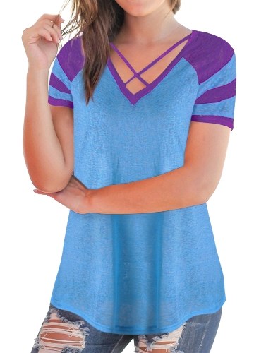 Colorblock Criss Cross Strap V Шея с короткими рукавами Контрастные полоски Длинные повседневные топы
Colorblock Criss Cross Strap V Шея с короткими рукавами Контрастные полоски Длинные повседневные топы