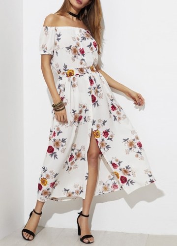 Off The Shoulder Floral Short Sleeves Dress Summer Casual Split Long Dress 
Off The Shoulder Floral Short Sleeves Dress Summer Casual Split Long Dress
