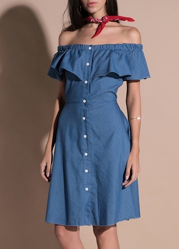 Party Off the Shoulder Ruffle Buttons Skirt High Waist A-Line Midi Denim Dress
Party Off the Shoulder Ruffle Buttons Skirt High Waist A-Line Midi Denim Dress