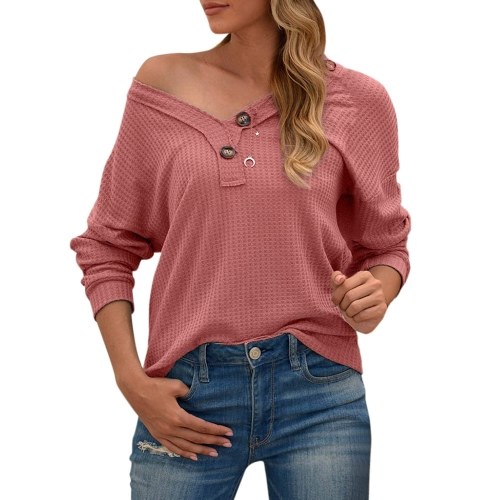 Women Long Sleeve T-Shirt Waffle Knit Tops Hollow out V-Neck Batwing