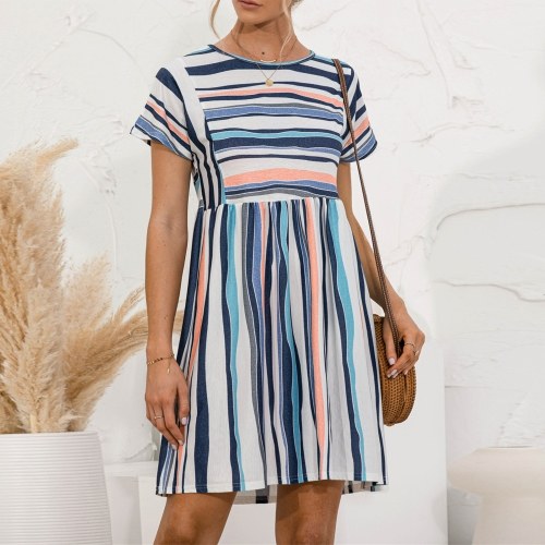 Women Dress Striped Splicing O Neck Short Sleeve High Waist Pleated Casual Swing Dress
Women Dress Striped Splicing O Neck Short Sleeve High Waist Pleated Casual Swing Dress