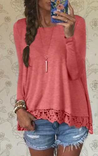Chic Women Casual Round Neck Long Sleeve Crochet Lace Irregular Hem T-Shirt Chic Women Casual Round Neck Long Sleeve Crochet Lace Irregular Hem T-Shirt