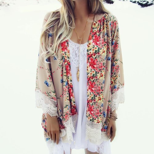 Vintage Women Loose Chiffon Kimono Cardigan Floral Print Lace Hem Long Sleeve Beach Casual Boho Outerwear Top Khaki Vintage Women Loose Chiffon Kimono Cardigan Floral Print Lace Hem Long Sleeve Beach Casual Boho Outerwear Top Khaki
