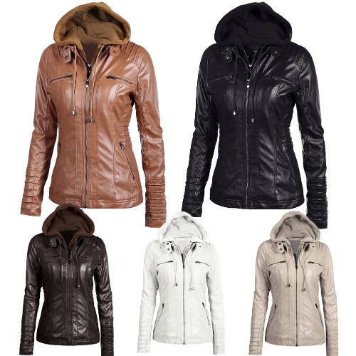 Women’s Faux Leather Hooded Jacket Zippered Hoodie Short Slim Motorcycle Jacket Coat Women’s Faux Leather Hooded Jacket Zippered Hoodie Short Slim Motorcycle Jacket Coat