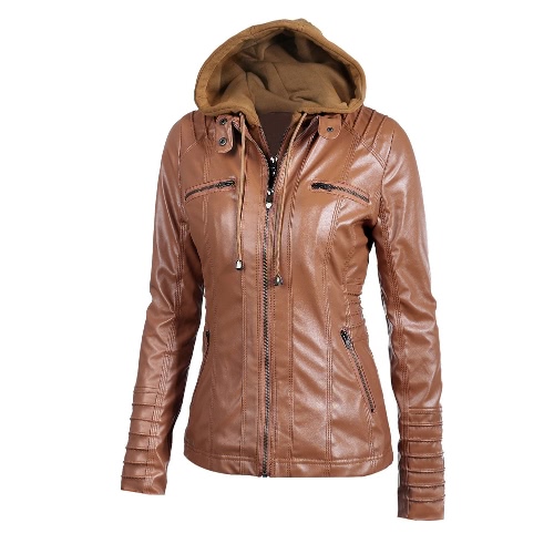 Women's Faux Leather Hooded Jacket Zippered Hoodie Short Slim Motorcycle Jacket Coat Women's Faux Leather Hooded Jacket Zippered Hoodie Short Slim Motorcycle Jacket Coat