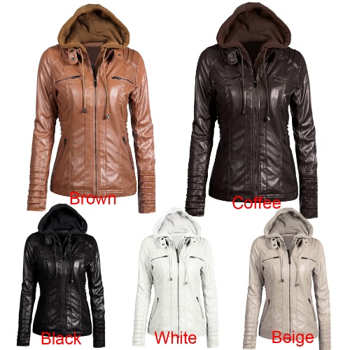 Women’s Faux Leather Hooded Jacket Zippered Hoodie Short Slim Motorcycle Jacket Coat Women’s Faux Leather Hooded Jacket Zippered Hoodie Short Slim Motorcycle Jacket Coat