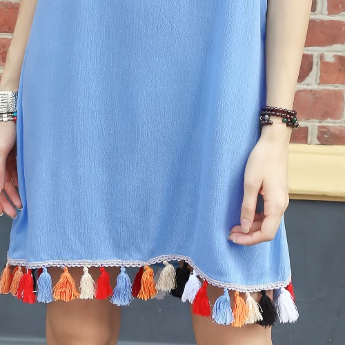 Women Cami Slip Dress Tassel Trim Spaghetti Strap Sleeveless Short Mini Dress Blue Women Cami Slip Dress Tassel Trim Spaghetti Strap Sleeveless Short Mini Dress Blue