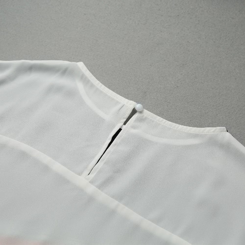 Fashion Women Color-Block Blouse Keyhole Button Back Cap Sleeves O Neck Loose Splicing T-Shirt Casual Top White Fashion Women Color-Block Blouse Keyhole Button Back Cap Sleeves O Neck Loose Splicing T-Shirt Casual Top White