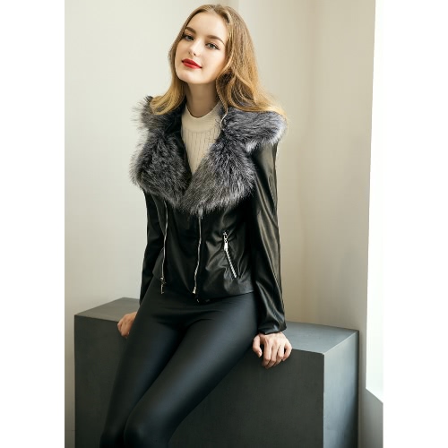 New Women Leather Jacket Faux Fur Collar PU Double Zipper Biker Jacket Slim Motorcycle Coat Outerwear