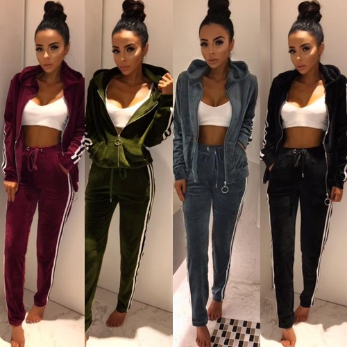 Women Two-Piece Set Hooded Hoodie Pants Stripes Long Sleeves Zipper Elastic Waist Casual Sportswear Top Trousers Women Two-Piece Set Hooded Hoodie Pants Stripes Long Sleeves Zipper Elastic Waist Casual Sportswear Top Trousers