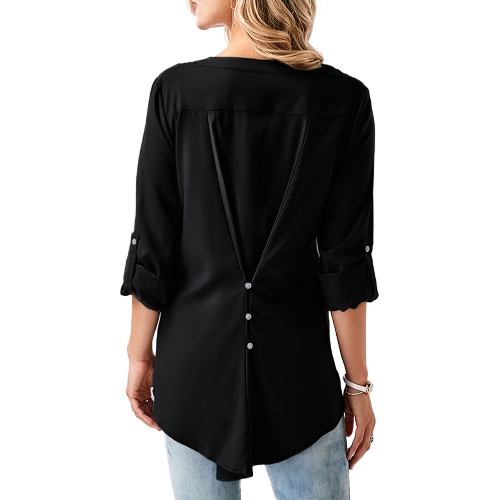 Women Chiffon Lace Shirt Blouse V Neck Roll-up Long Sleeves Buttoned Back Pocket Asymmetrical Casual Tunic Tops Women Chiffon Lace Shirt Blouse V Neck Roll-up Long Sleeves Buttoned Back Pocket Asymmetrical Casual Tunic Tops