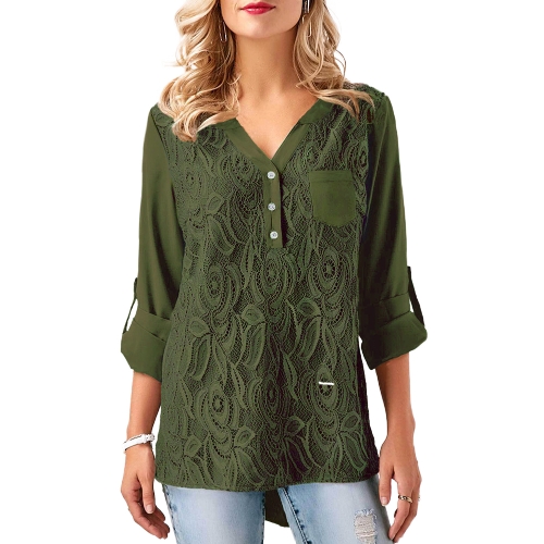 Women Chiffon Lace Shirt Blouse V Neck Roll-up Long Sleeves Buttoned Back Pocket Asymmetrical Casual Tunic Tops
Women Chiffon Lace Shirt Blouse V Neck Roll-up Long Sleeves Buttoned Back Pocket Asymmetrical Casual Tunic Tops